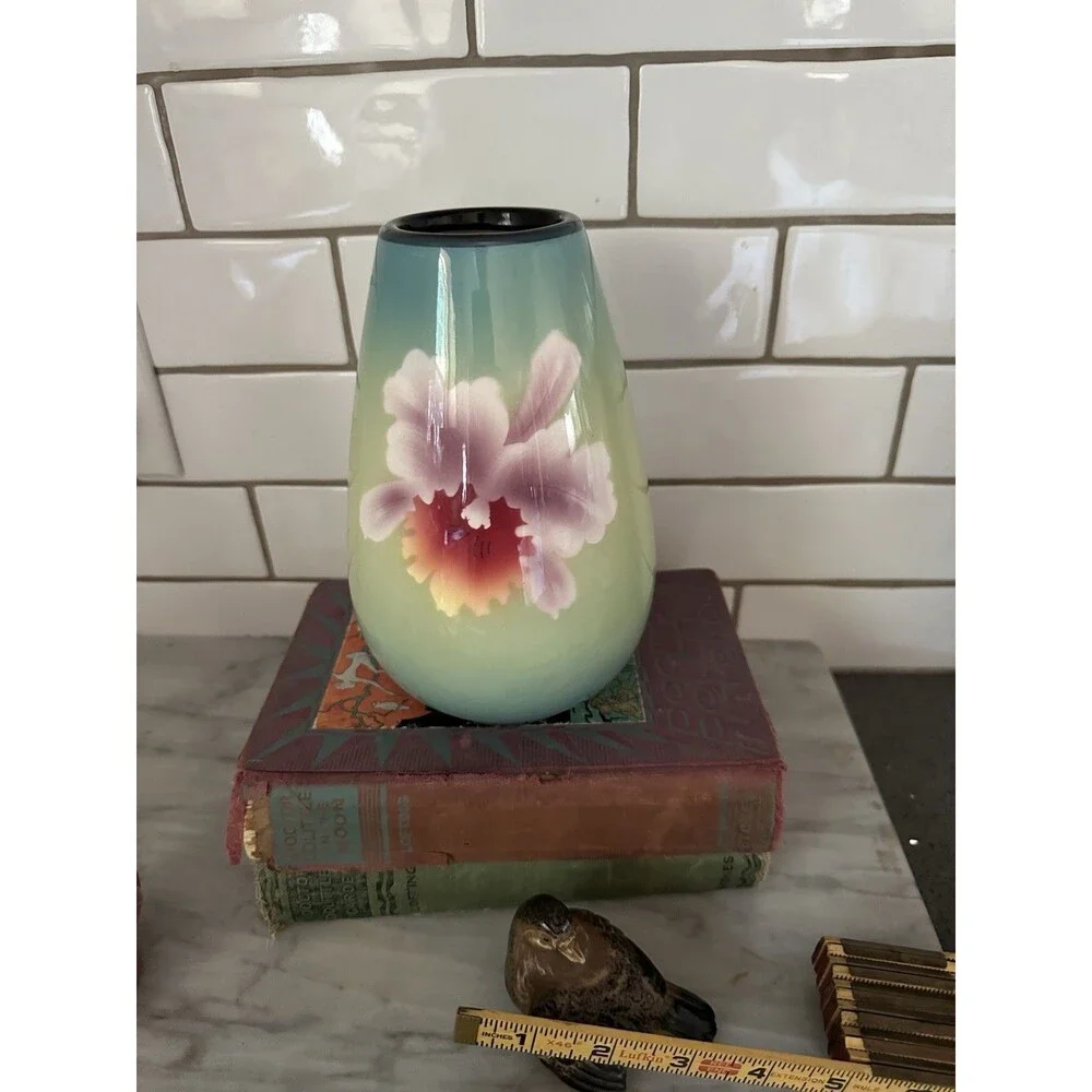 Porcelain MCM Vase in Aqua Blue with Cattleya Flower Fujiclo China Shippo Vase